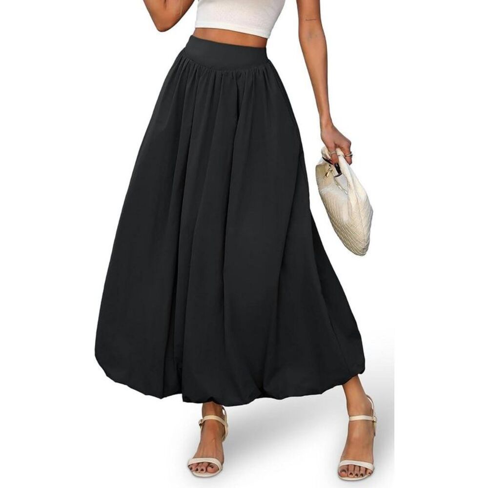 Women's Y2K Bubble Hem Maxi Skirt - Puffy A-Line Long Skirt Pockets Black